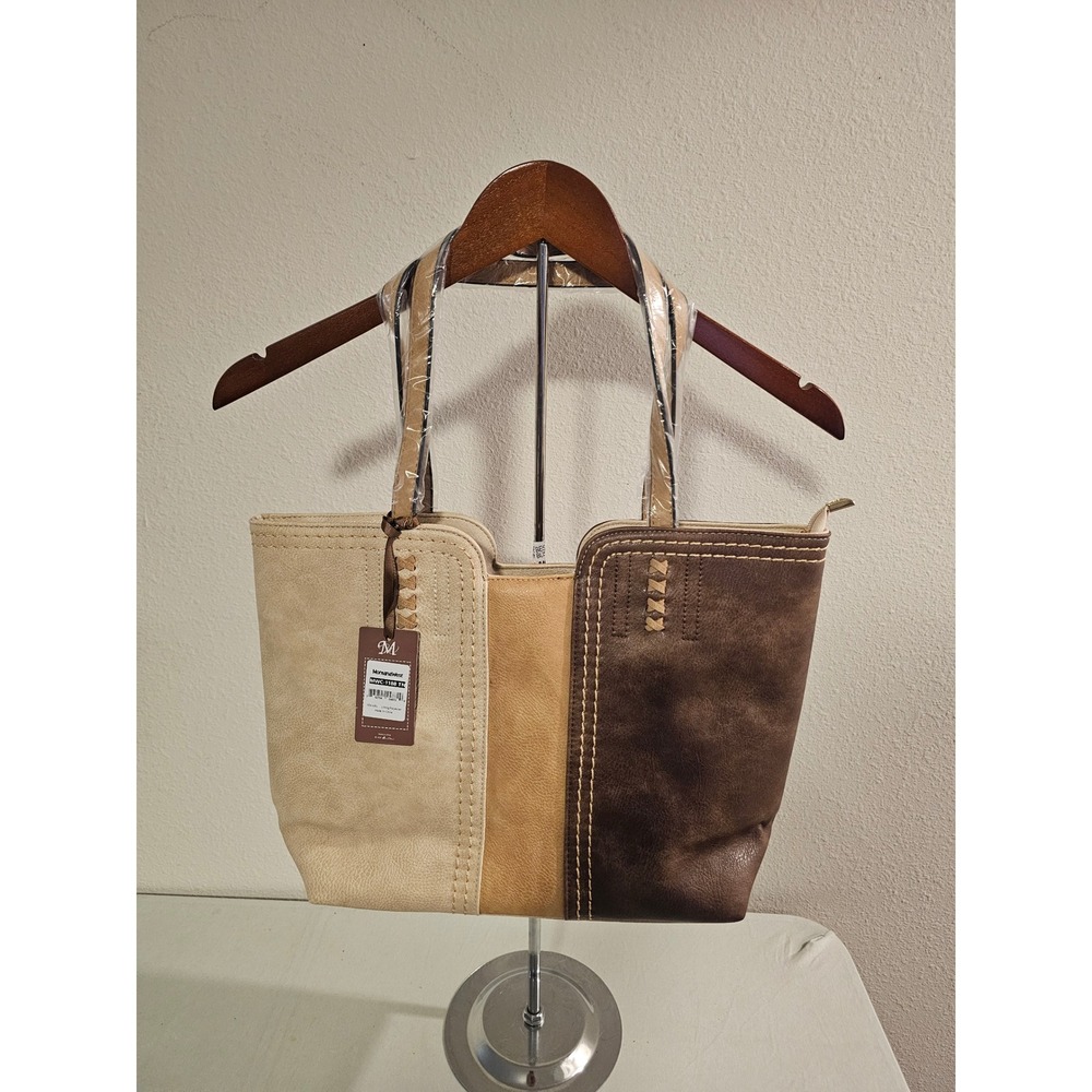 Montana West Tote Bag Brown Tan Faux Leather Colorblock Stitching